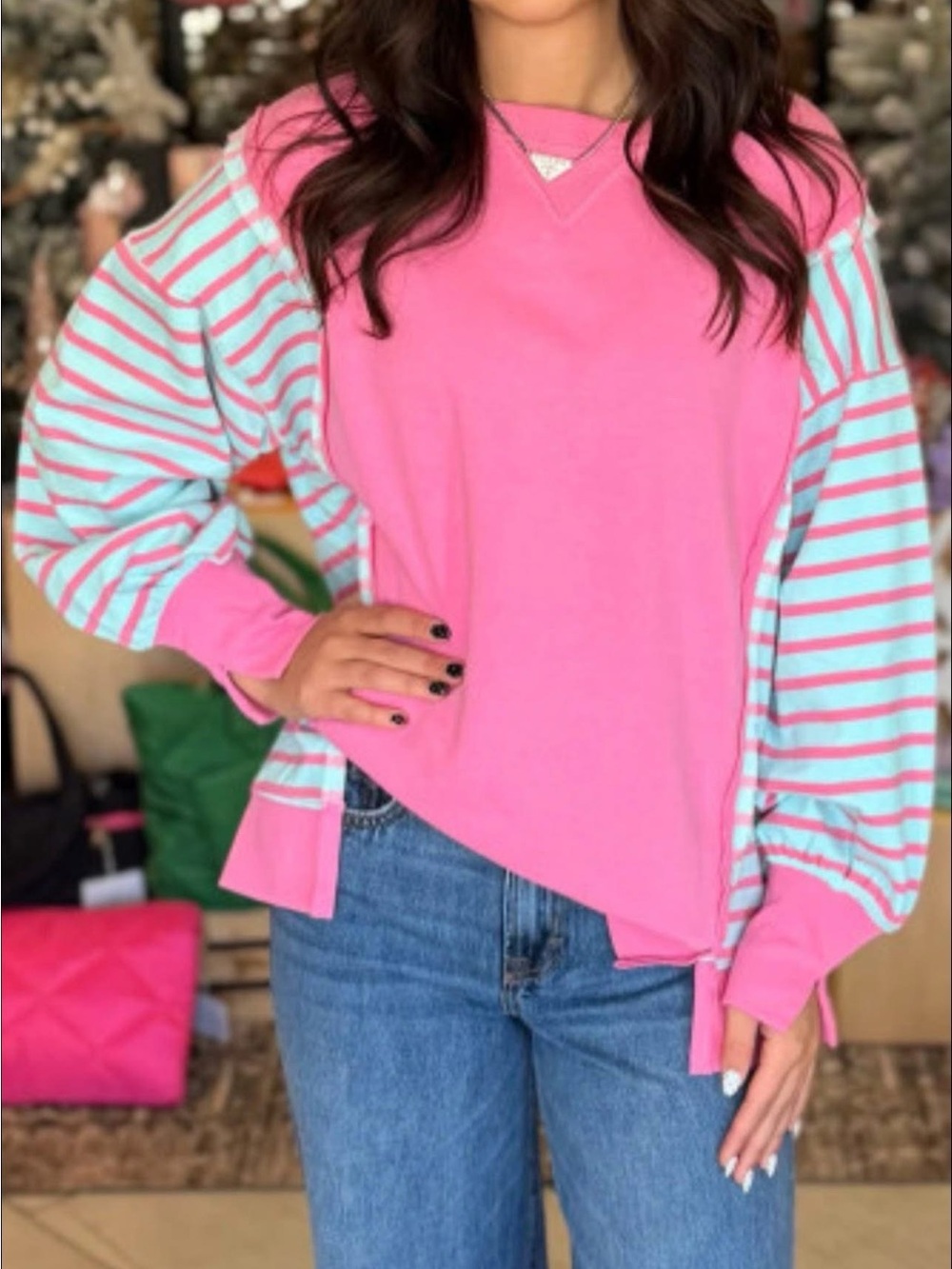 Bright Pink Scoop Neck Sweatshirt with Mint Striped Balloon Sleeves